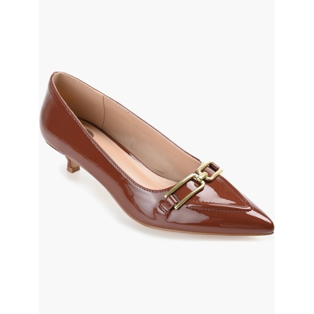 Journee Collection Rumi Women Brown Patent Pointed Toe Kitten Heel Pumps Size 11 - Picture 2 of 12
